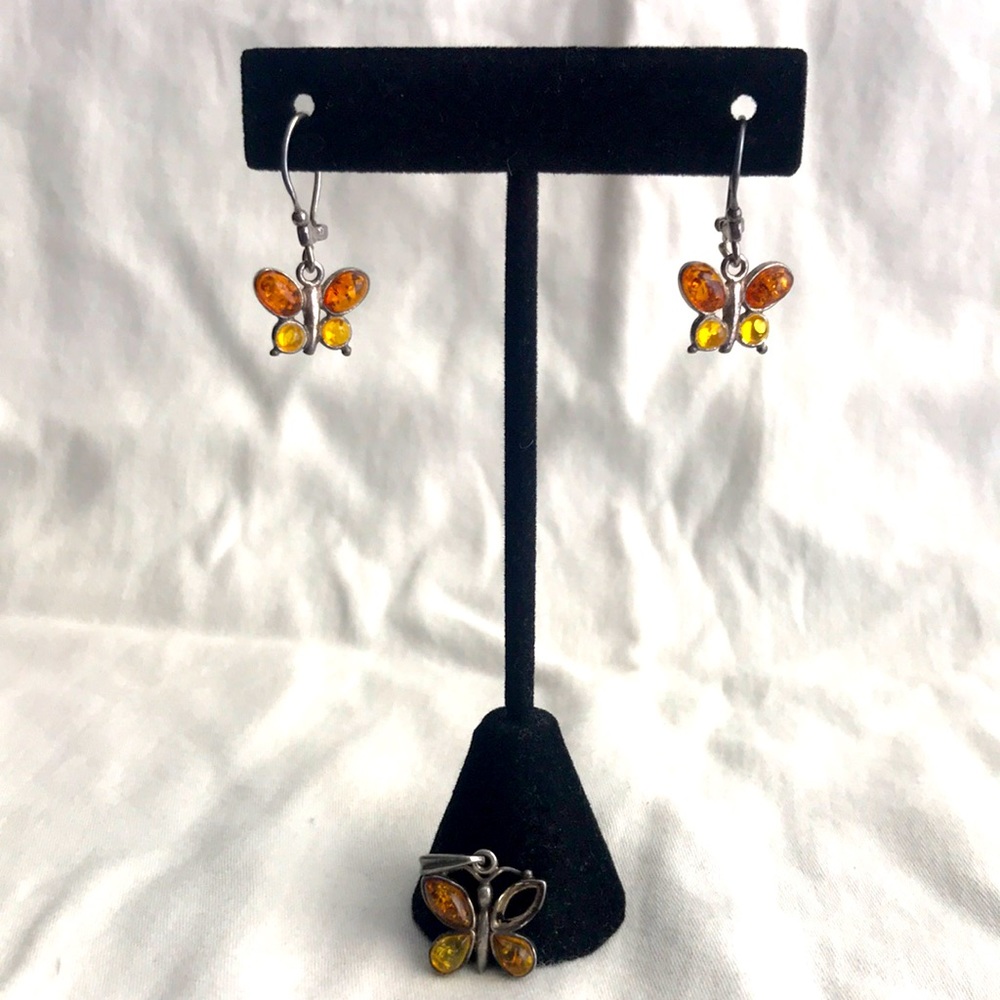 Amber butterfly earrings and pendant set